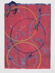 Kreise 16./24.1./5./22.2./18.6.24, Fettkreide über Monotypie, 80 x 60 cm